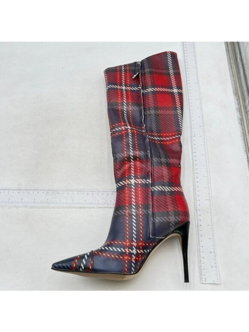 Women's Plaid Pointed Toe Side Zip Stiletto Heel Knee Boots Long Boots Red